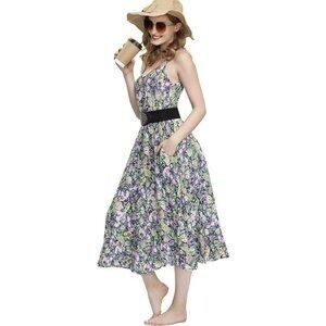 Boho Floral Maxi Dress with Pockets, Adjustable Straps, V-Neck Floral Grape L